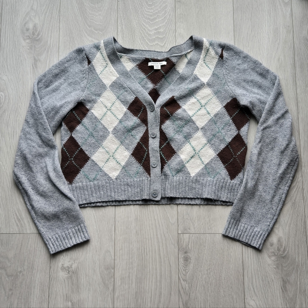 American Eagle Outfitters Gray and Brown Argyle Cardigan
